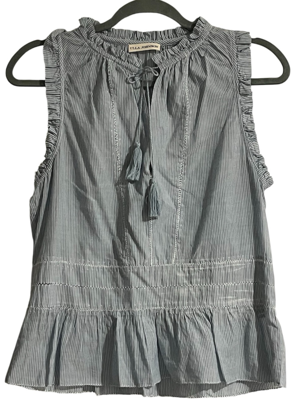 Ulla Johnson boho sleeveless blue white pinstripe shirt split neck tassels sz 2